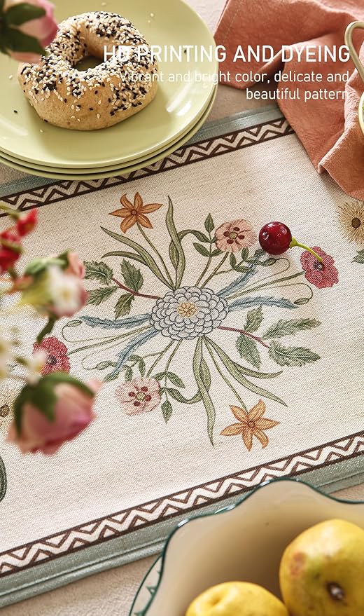 ISAENNE Designer French Country Linen Table Runner 102 Inches Long,Elegant Colorful Floral Pattern Table Runners for Dining Tables,Thanksgiving,Christmas,Kitchen Decor,12"*102"-Serenity F