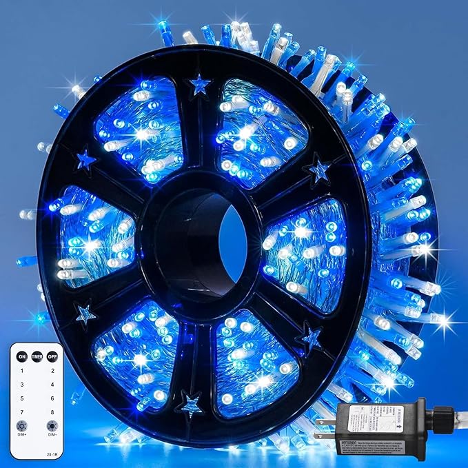 JMEXSUSS 500 LED Blue and White Christmas Lights, 8 Modes 163ft String Lights Plug in with Remote Control, Clear Wire Christmas String Lights Outdoor Waterproof for Outside Tree Yard Wedding