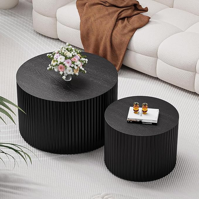 Nesting Coffee Tables Set of 2 Wooden Round Coffee Table Circle Nesting Table Space-Saving Design Modern Coffee Table Round Accent Tables Set for Living Room Bedroom Office (Black D18.9+D15)