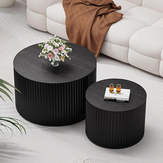 Nesting Coffee Tables Set of 2 Wooden Round Coffee Table Circle Nesting Table Space-Saving Design Modern Coffee Table Round Accent Tables Set for Living Room Bedroom Office (Black D18.9+D15)