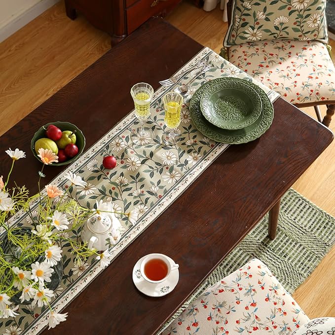 ISAENNE Designer Green Elegant Linen Table Runner 87 Inches Long,Flower and Leaves Pattern Wrinkle Resistant Table Runners for Dining Tables,Thanksgiving,Kitchen Tables,Christmas,12"*87"-Brune