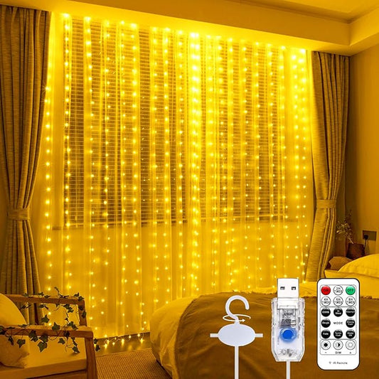 Curtain Light with Upgrade Untangled Wires for Bedroom, 300LED 9.8ft x 9.8ft Window Fairy Curtain String Light with 16 Hooks, 8 Modes Remote for Wedding Party Home Indoor Decor, Warm White