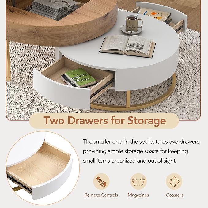 Modern Round Lift-top Nesting Coffee Tables with 2 Drawers for Living Room White & Natural