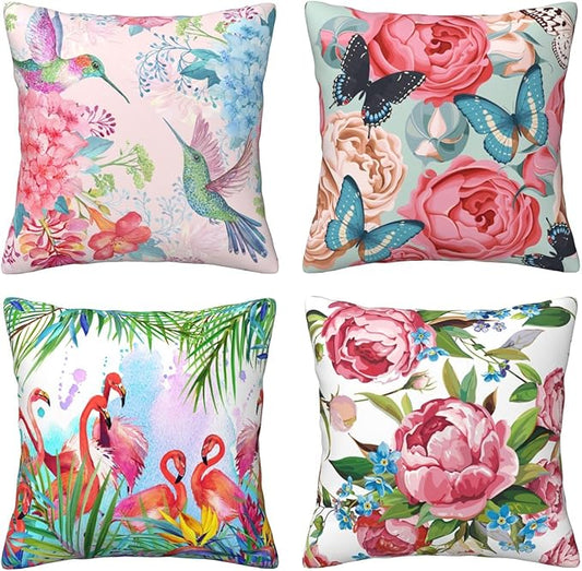 Tropical Flamingos and Pink Flower Throw Pillow Covers Set of 4 18x18 Inches Butterfly Floral Peonies Decorative Pillow Cases Home Decor Colorful Pillowcases