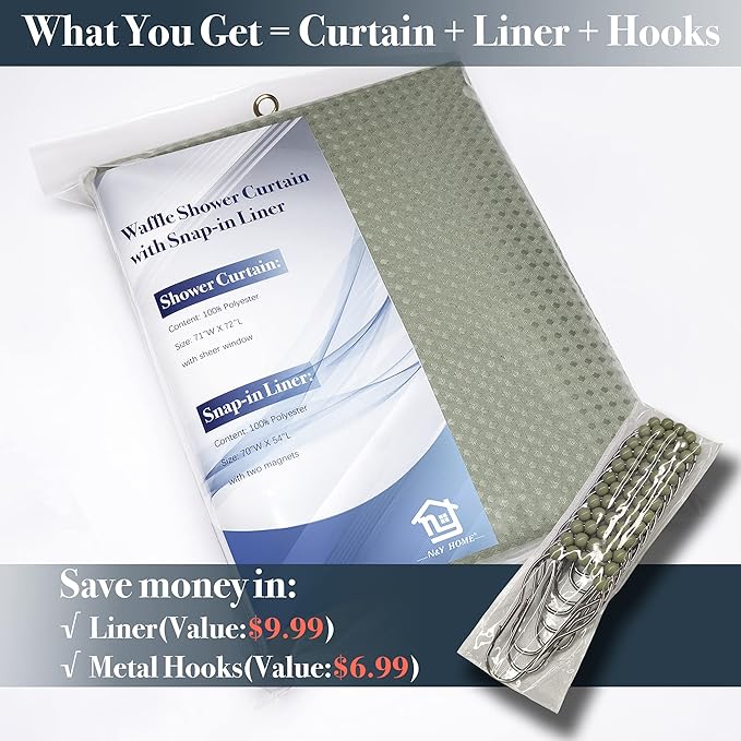 N&Y HOME Waffle Weave Shower Curtain with Snap-in Fabric Liner & Hooks Set - Hotel Style, Waterproof & Washable, Heavyweight Fabric & Mesh Top Window - 71x72, Sage Green