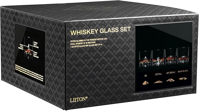 LIITON The Peaks Heavy Crystal Whiskey Glasses Gift Set of 4, Thick Freezable Bourbon Glass 1lb Each, Premium Whiskey Gifts for Men, Frozen Crystal Chills Cocktails, 10 oz