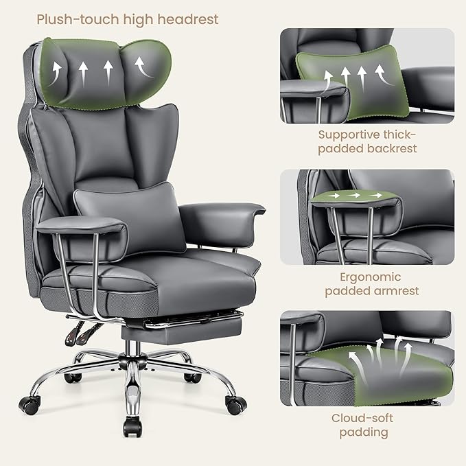 Office Desk Chair, Big and Tall Executive Office Chairs with Footrest, Large Leather Computer Gaming Chair for Adult, Ergonomic Reclining Chair High Back with Lumbar Support, Gray