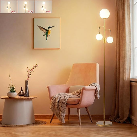 Fiqevs Dimmable Globe Floor Lamp for Living Room, Gold Tree Floor Lamp with Frosted Glass Globe Shade, 3 Light Standing Lamp LED Bulbs Included, Elegant Tall Lamp for Bedroom, Office
