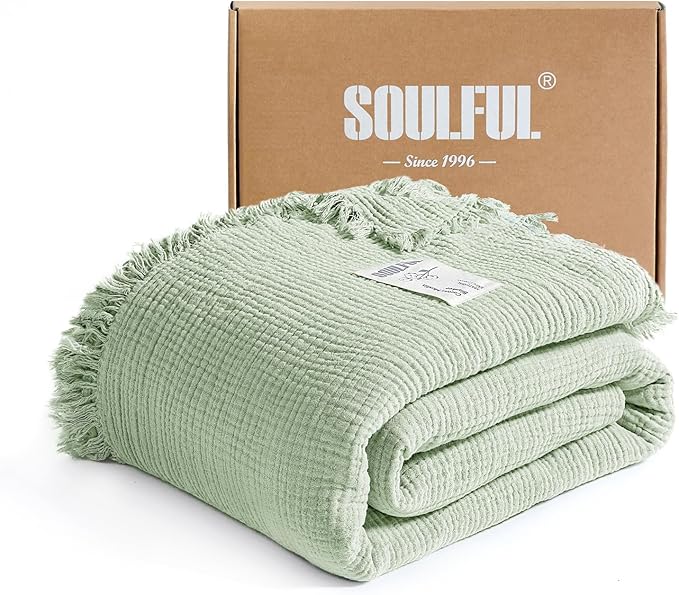 SOULFUL Muslin Throw Blanket with Tassels - Soft Queen Cotton Throw Blanket for Couch or Bed, Lightweight and Breathable Gauze for All Seasons, Grassgreen, 90" x 90"