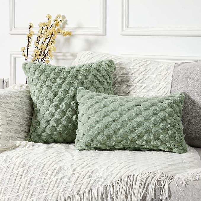 Yaertun Pack of 2 Super Soft Cozy Decorative Throw Pillow Covers Fuzzy Plush Faux Fur Luxury Cushion Cover Pillowcase for Sofa Couch Bed Livingroom 16x16 Inch Sage Green