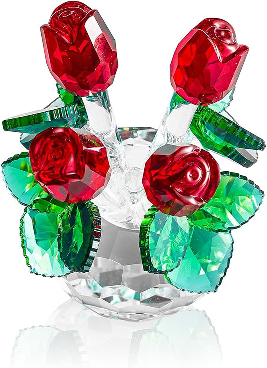 HomeRoots Crystal Red Rose Bouquet Figurine - Glass Flowers for Home Decor & Special Occasions - Unique Collectible Roses Ornament | Romantic Gifts for Her on Valentine's, Christmas, Anniversary