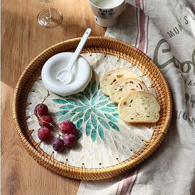 Rattan Serving Tray with Mother of Pearl, Round Coffee Table Tray Decor, Boho Decorative Round Hand-Woven Wicker Home Decor (Summer Green, 12 inch)