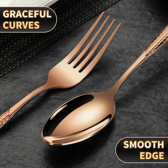 Lemeya 20-Piece Hammered Rose Gold Silverware Set for 4 with Serrated Forging Knives,18/10 Stainless Steel Modern Flatware Set,Unique Cutlery Set Spoons and Forks Set,Mirror Polished,Dishwasher Safe