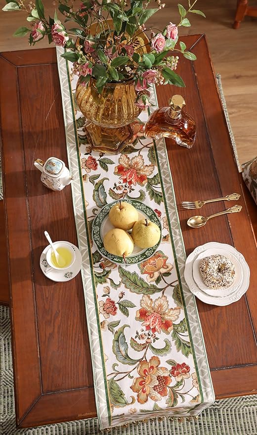 patdrea Designer Elegant French Floral Velvet Table Runner, Fresh Green with Orange Blossoms Pattern Table Mat, Decoration for Kitchen Dining Coffee Table Cabinet Banquet Thanksgiving,12"*87"