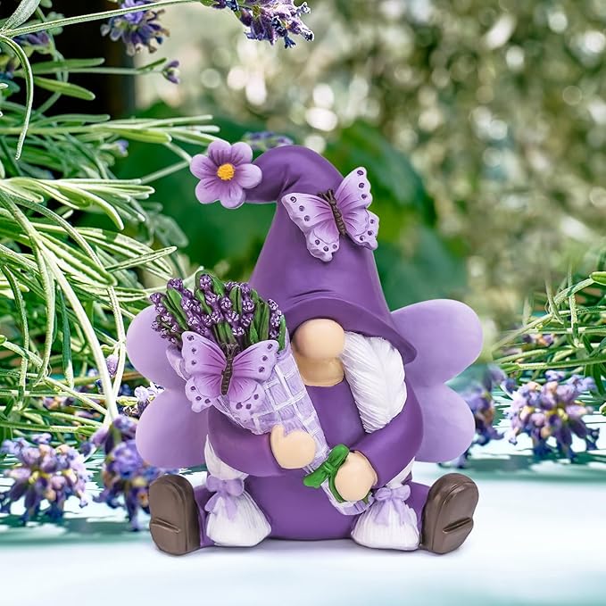 Lavender Gnomes Decor, Spring Resin Garden Gnome Decorations for Home Indoor/Outdoor Pastel Purple Spring Lavender Decorations Farmhouse Butterfly Gnome