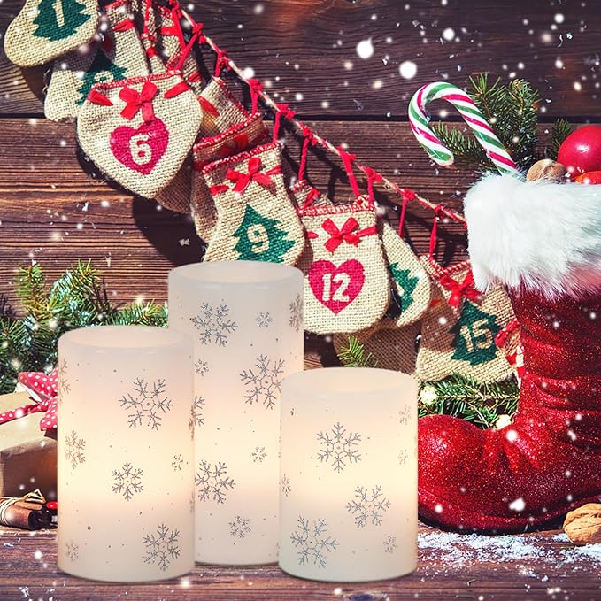 DRomance Silver Snowflake Flameless Flickering Candles Battery Operated with 6H Timer, 3 Pack Real Wax Warm Light LED Pillar Candles Dinner Tabletop Holiday Centerpiece Decor 3" x 6"