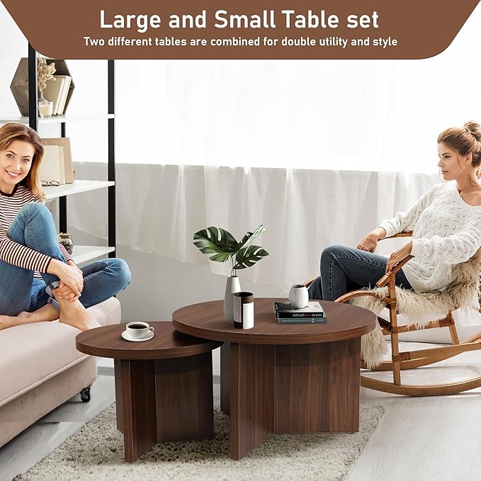 Round Nesting Coffee Tables Set of 2, Modern Stacking Table with Wood Grain Finish, End Table Side Tables for Living Room (Walnut)