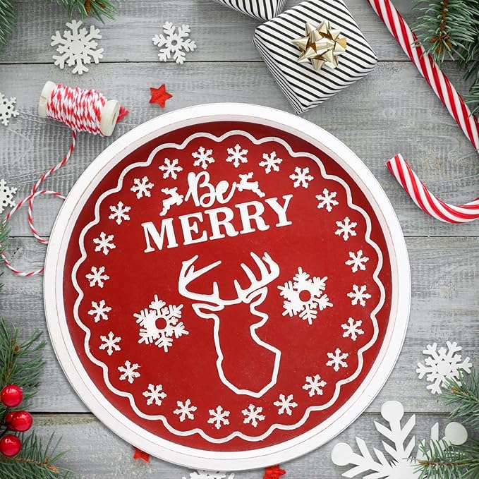 Christmas Reindeer Wood Decorative Ottoman Tray for Coffee Table Kitchen Counter, Living Room, Round Handcrafted Red Wooden Serving Tray for Table Centerpiece