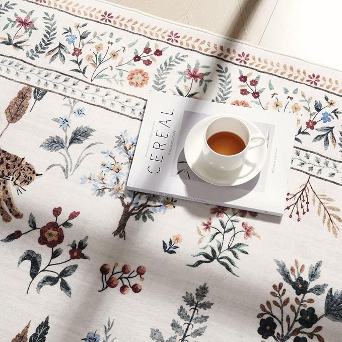 Rugcomf Area Rug 4x6 Rug Washable Boho Rugs Non Slip Low Pile Floral Animal Small Carpet for Bedroom, Bedside, Kids Room, Office, Dining Room (Beige)