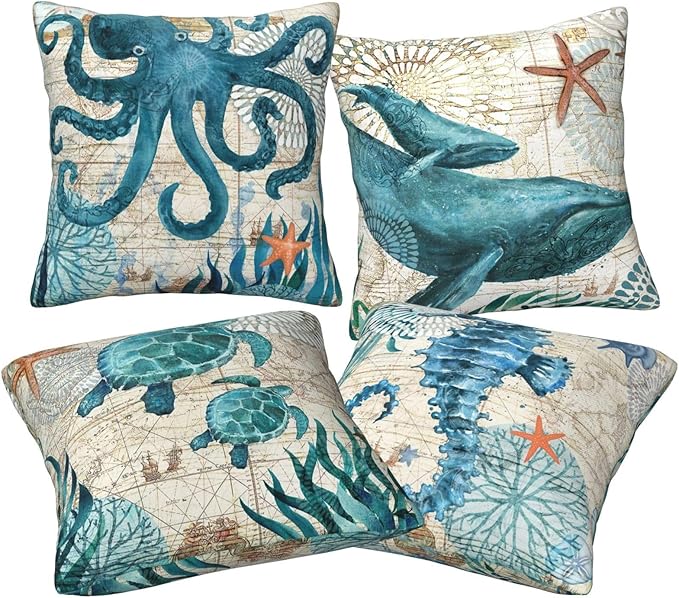 Coastal Blue Throw Pillow Covers 18 x 18 Inch Sea Turtle Seahorse Octopus Shark Beach Decorative Pillow Cases Ocean Nautical Cushion Covers for Sofa Bed Home Decor Set of 4