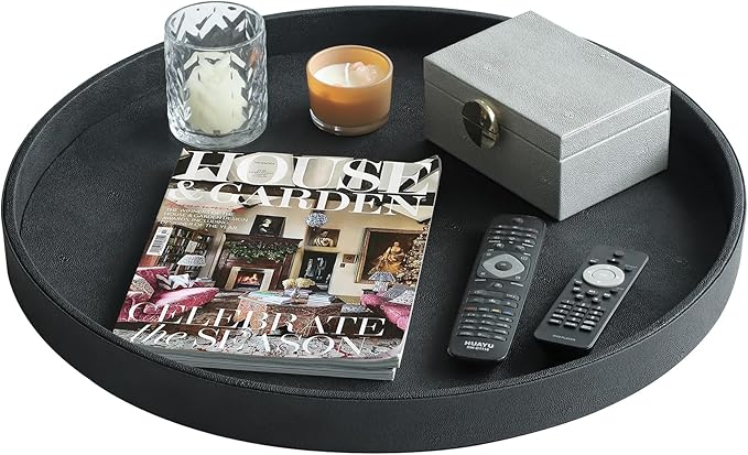 HofferRuffer Large Round Serving Tray 24'', Elegant Faux Leather Circle Ottoman Table Tray, Serve Tea Coffee Breakfast in Bedroom Living Room Kitchen (Classic Black)