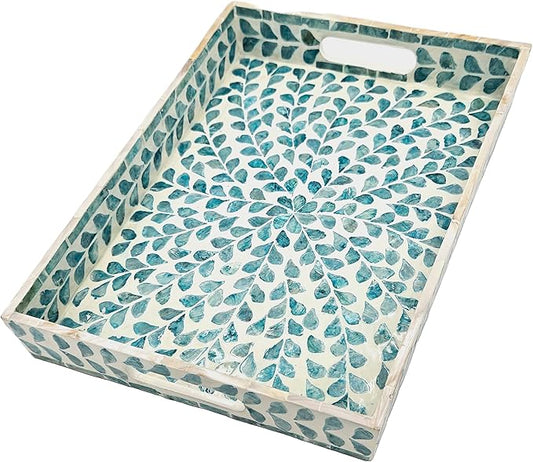 PEMAR Rectangular Mother of Pearl Serving Tray Nacre Wood Lap Ottoman Tray for Coffee Table, Luxury Decorative Handmade Eating Platters w Insert Handles (Teal Floral Pattern)
