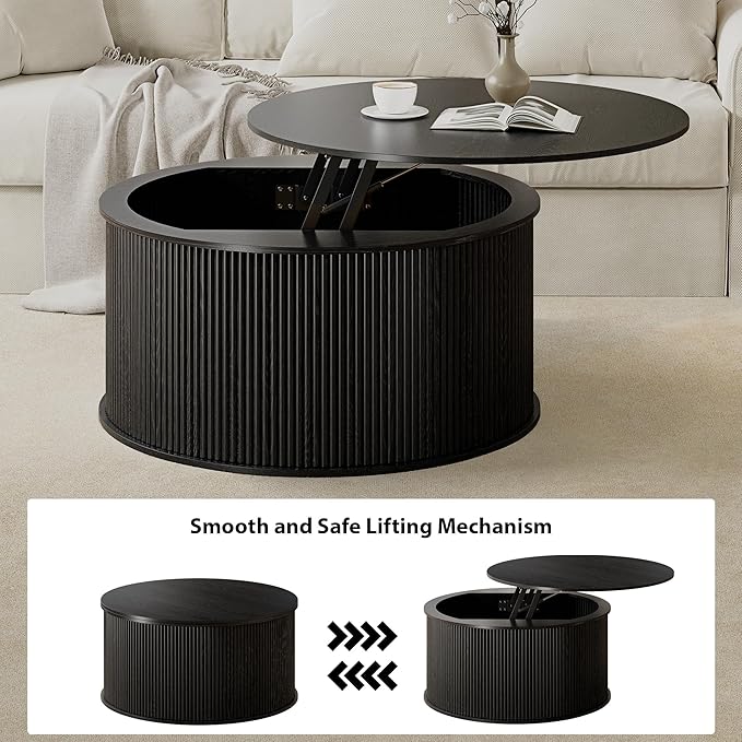Lift Top Coffee Table, Fluted Round Coffee Table with Storage, Farmhouse Center Dining Table Circle Table for Living Room, Apartment, Home Office (Black)