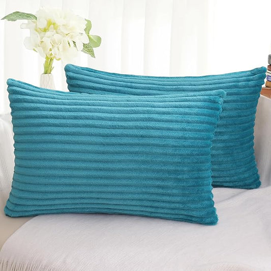 Simmore Decorative Throw Pillow Covers 12x20 Set of 2, Soft Natural Plush Flannel Double-Sided Fluffy Lumbar Pillow Covers for Couch Sofa Living Room, Teal