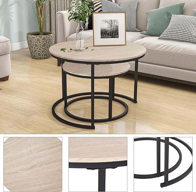 HOJINLINERO Industrial Round Coffee Table Set of 2 End Table for Living Room,Stacking Side Tables, Sturdy and Easy Assembly,Wood Look Accent Furniture with Metal Frame,Black+Teak Oak