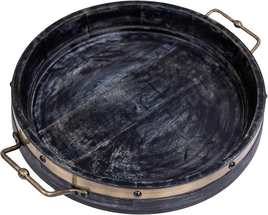 16” Round Ottoman Tray, Distressed Black Mango Wood, Rustic Farmhouse Style with Antique Brass Handles & Accent Strap, Large Coffee Table Tray for Tea, Breakfast in Bed, Living Room