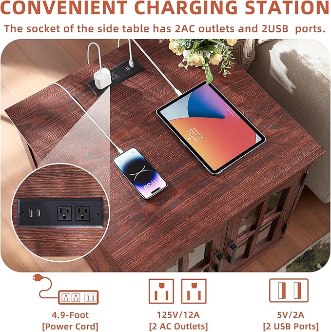 Farmhouse 24" End Table Set of 2 with Charging Station, Large Sofa Side Table with Glass Barn Door,Wood Night Stand with Adjustable Storage Shelf,Square Bedside Table for Living Room,Bedroom
