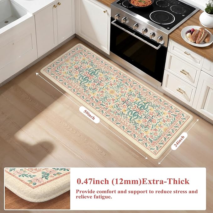Collive Kitchen Mats Cushioned Anti Fatigue, Non Slip Waterproof Kitchen Floor Mat Modern Pink Floral Sink Rug, Comfort Desk Standing Rugs for Bedroom, Laundry, Home Office, 2'x5'
