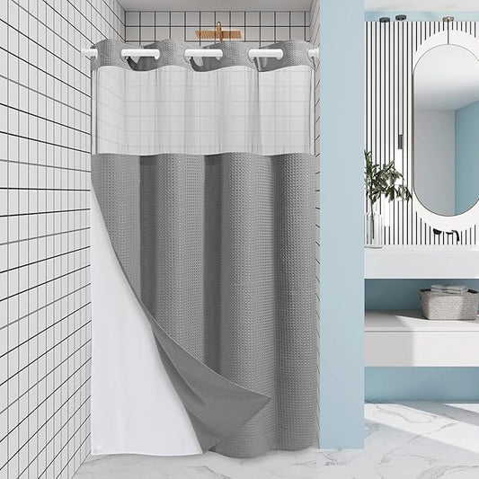 Stall No Hook Shower Curtain with Snap in Liner,230GSM Waffle Weave Shower Curtains for Bathroom,60W x 74H,Grey