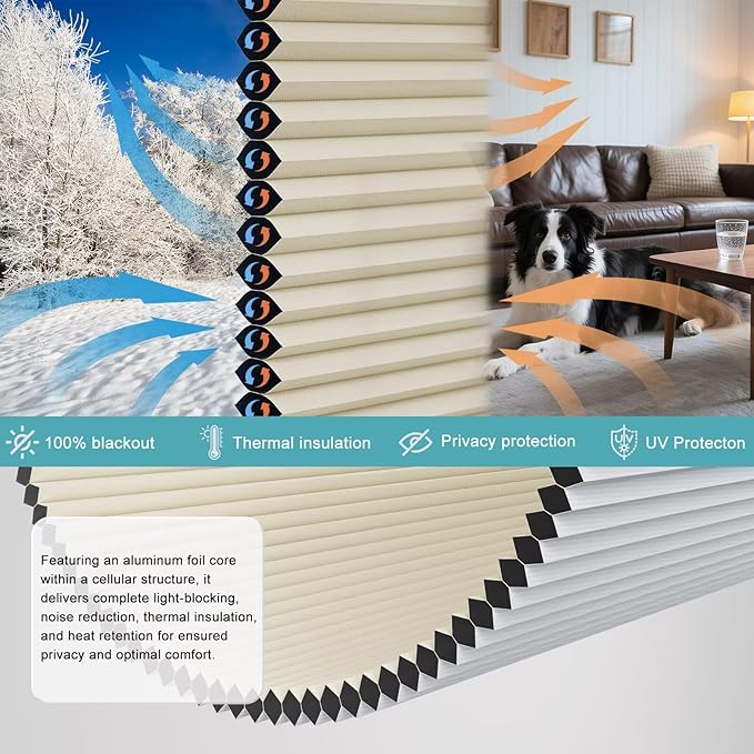 MYshade Top Down Bottom Up（TDBU） Cellular Shades, 1.5 inch Cordless Blackout Honeycomb Pleated Blinds for Windows Home Bedroom Office, Light Control, Thermal Insulated, 29" W x 72" H, Beige