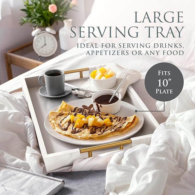 Wood Serving Tray with Gold Polished Metal Handles, Home Decorative Wooden Rectangle Ottoman Decor Platter Bathroom Vanity Tray for All Occasions, Gloss Finish, 16"x12", White