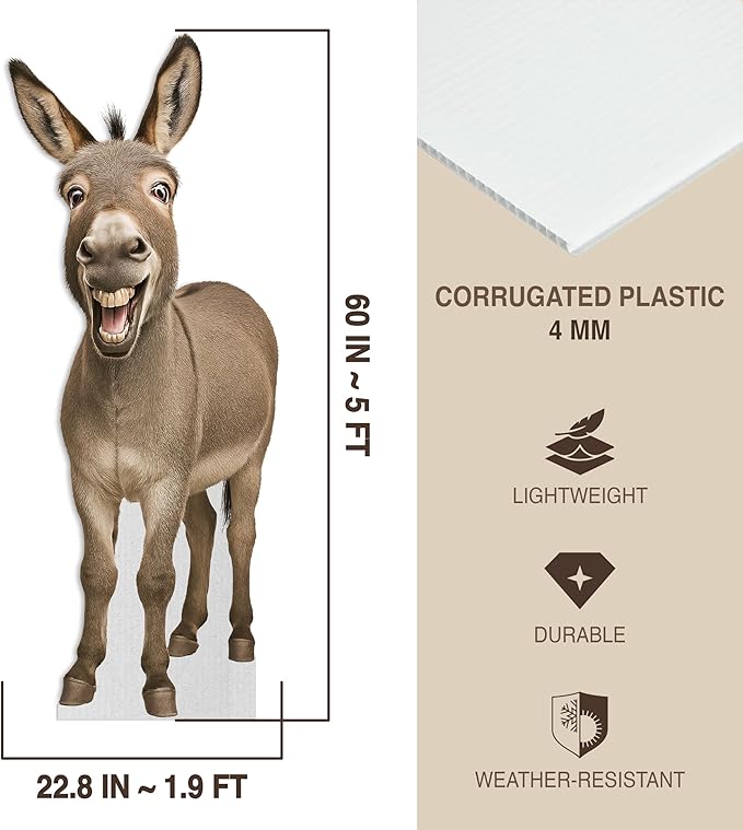 Donkey Life Size Standee - 5FT Freestanding Coroplast Cutouts | Farm Animal Standup Photo Booths, Birthday & Halloween Decorations