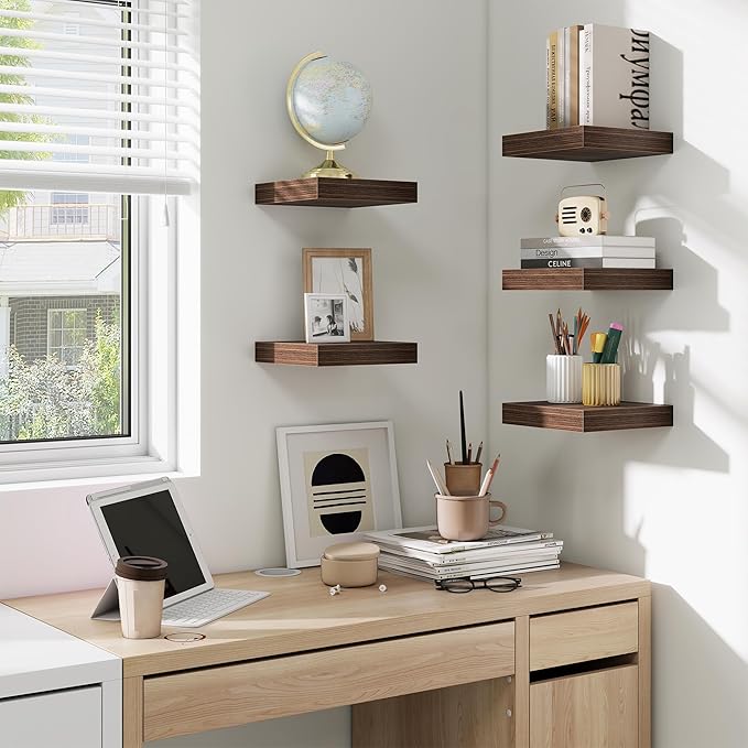 fuqing Floating Shelves for Wall, Bathroom Shelf Wall Mounted for Storage, Shelves with Invisible Bracket for Bedroom, Kitchen, Living Room, Farmhouse Small Book Shelf, 6.5 Inch Set of 3, Walnut