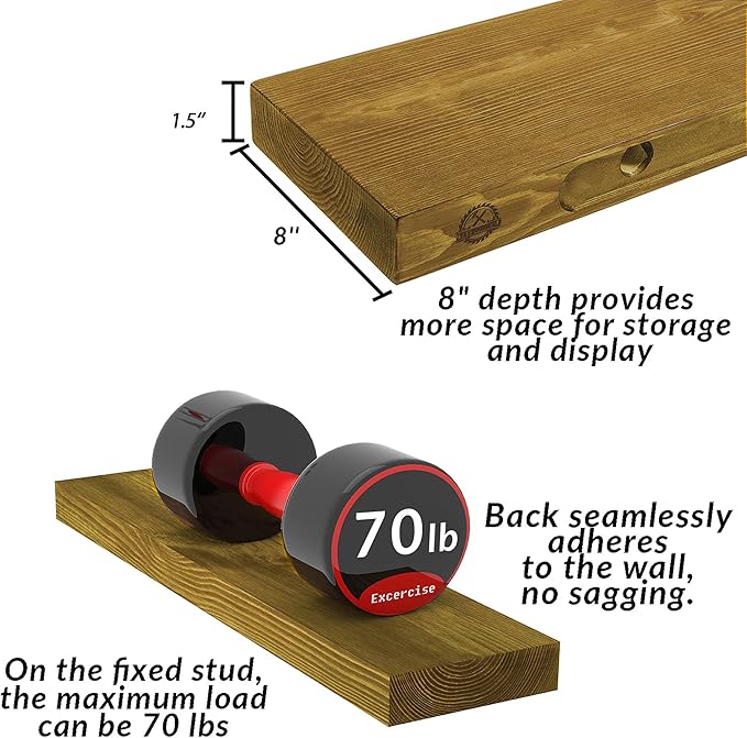 Wood Floating Shelves,Rustic Wood Wall Shelves for Bathroom Living Room Bedroom Kitchen Farmhouse Laundry Room Set of 2,Handmade-Thickened Wall Shelf (Golden Oak, 24''x8''x1.5'')