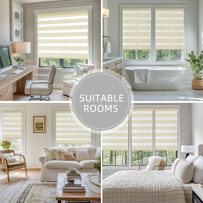 ChrisDowa Cordless Zebra Blinds for Windows, Dual Layer Free-Stop Light Filtering Window Roller Shades, Pull Down Privacy Zebra Shades for Home, Office, Bedroom, Door (29" W x 72" H, Beige)