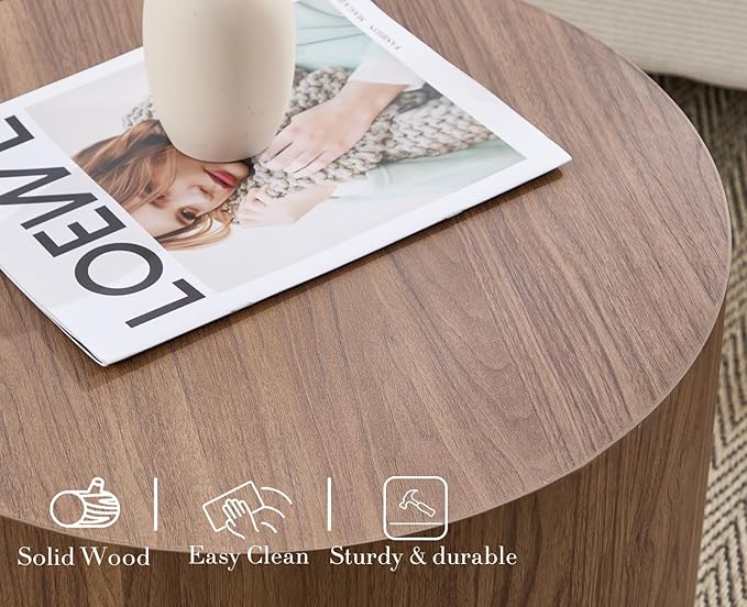 CIMOTA Round Wood Nesting Coffee Table Set of 2, Modern Circle Travertine End Side Table Sets for Living Room, Walnut Wooden Color/No Assembling