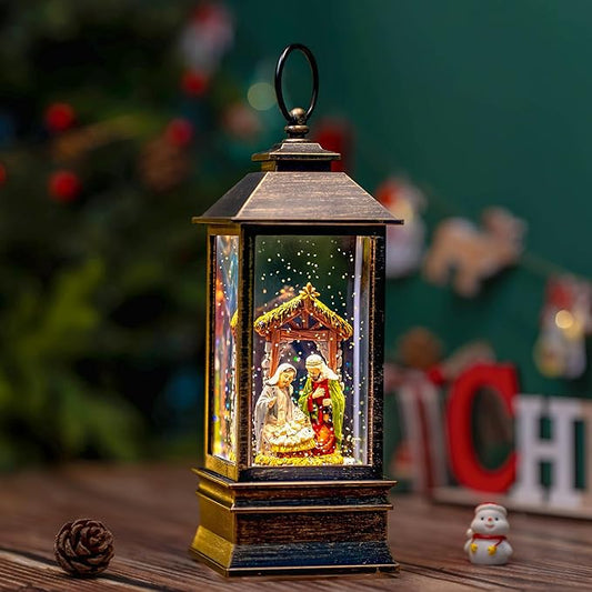 10.4" Christmas Snow Globe Water Lantern with Nativity Scene Battery Operated or USB Powered Musical Lighted Holiday Decoration for Tabletop Display for Family and Friends