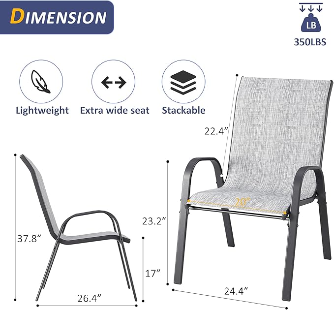 Amopatio 7 Pieces Patio Dining Set, Outdoor Table and Chairs, Square Metal Table with Umbrella Hole, 6 Stackable Chairs, Patio Furniture Sets for Deck, Backyard, Garden and Poolside,Light Grey