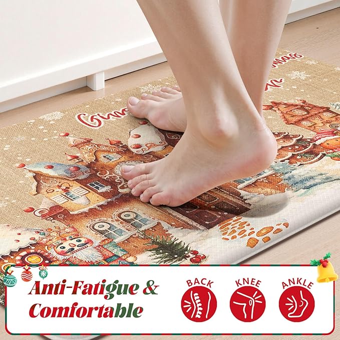 Merry Christmas Kitchen Mats for Floor, Xmas Gingerbread House Cushioned Anti Fatigue Kitchen Rugs 2 Piece, Non Slip Comfort Standing Rug Waterproof Sink Mat for Desk Laundry Office, Light Khaki