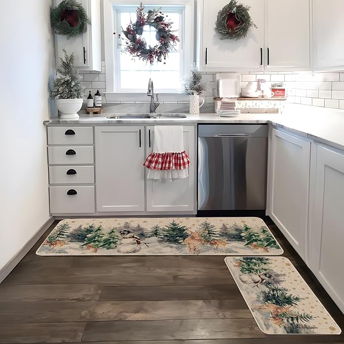 Christmas Snowman Reindeer with Scarf Decorative Kitchen Rugs Set of 2, Seasonal Winter Welcome Xmas Home Decor Low-Profile Kitchen Mats for Floor - 17x29 and 17x47 Inch