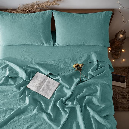 LBRO2M 100% Linen Sheet Set Queen Size,Bed Sheets 4 Piece Sets,Solid Color Natural Flax Bed Sheets Soft Breathable Bedding,16" Deep Pocket,All Season (Queen, Aqua)