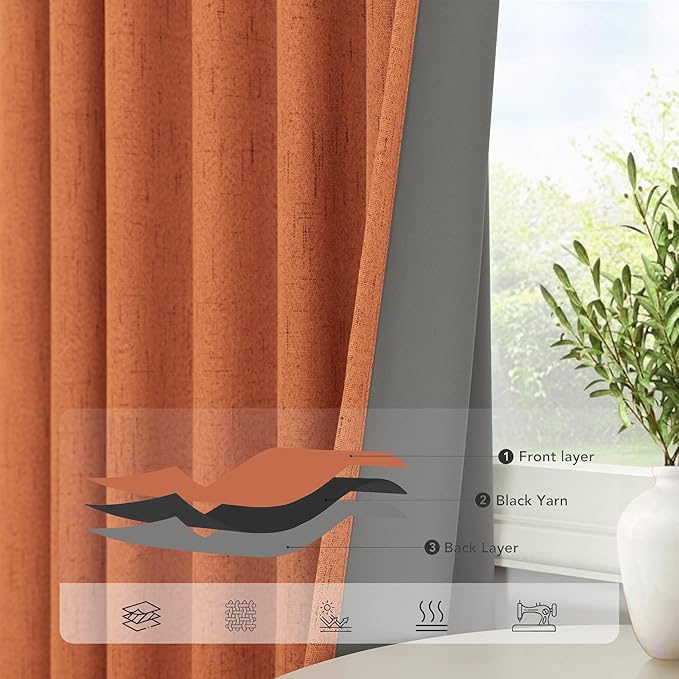 Burnt Orange Blackout Curtains for Living Room 108 Inches Long 2 Panels Back Tab Thermal Black Out Window Drapes for Bedroom Patio Sliding Glass Door Vertical Blinds Home Office Farmhouse Decor 52x108