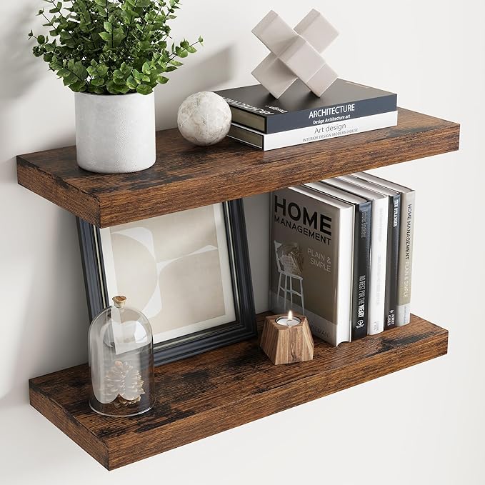 Floating Shelves for Wall with Invisible Brackets, Wall Mounted Engineered Wood Shelves with Wood Grain for Living Room, Bathroom, Kitchen Decor and Storage, Oak, 24"L Set of 2, Rustic Brown