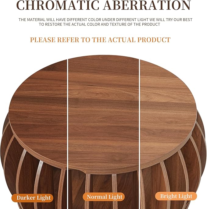 Drum Coffee Table with Storage,31.5” Wood Round Coffee Table,Farmhouse Pumpkin-Shaped Center Table for Living Room Home Office (Walnut)