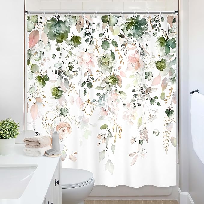 Green Pink Floral Flower Shower Curtain 72Wx84L Inch Summer Wildflower Rustic Eucalyptus Leaves Watercolor Plant Bathroom Set Elegant Botanical Bath Curtain Bathtub Accessories Home Decor