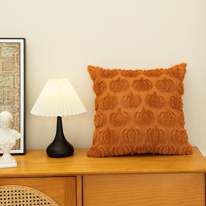 Pumpkin Fall Decorative Throw Pillow Covers 18"x18", Set of 2 Orange Soft Faux Fur Pillow Covers for Autumn Harvest, Fluffy Plush Accent Pillow Cases for Farmhouse Couch Cushion Covers